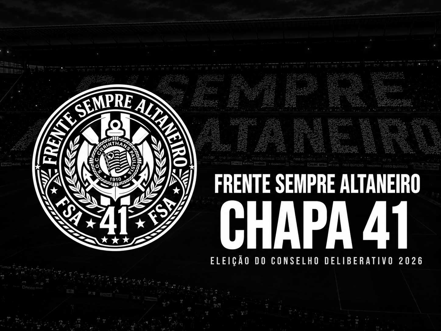 Prezados associados: Eleições Corinthianas 2026 Chapa 41 – Frente Sempre Altaneiro Rozallah presidente!!! Vice-presidentes: Joaquim Arruda e José Mansur!!!